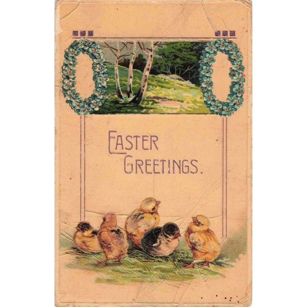 Antique Easter Greetings Postcard 1914 Baby Chicks Floral Wreath Germany Decor